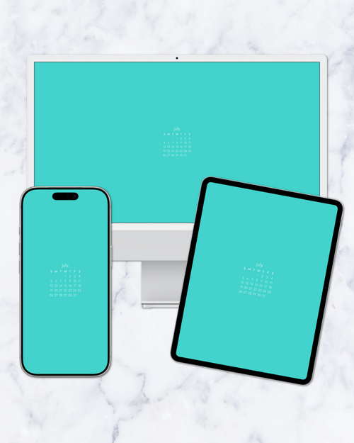 turquoise july 2026 calendar wallpapers for iphone, ipad and mac.